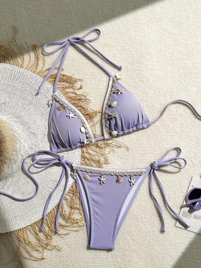 Women's Swimsuit Solid Halter Side Tie Bikini Suit Beachwear Bathing Suits with Shell