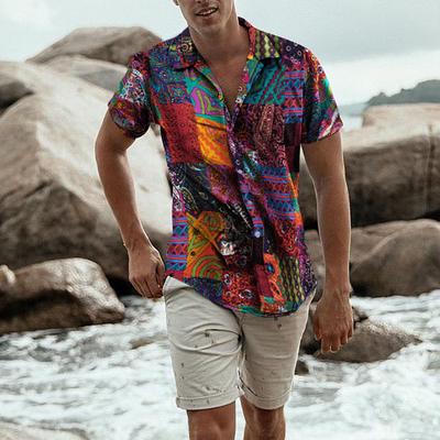 Blusa masculina étnica de manga curta casual com estampa de linho de algodão havaiano Camisa