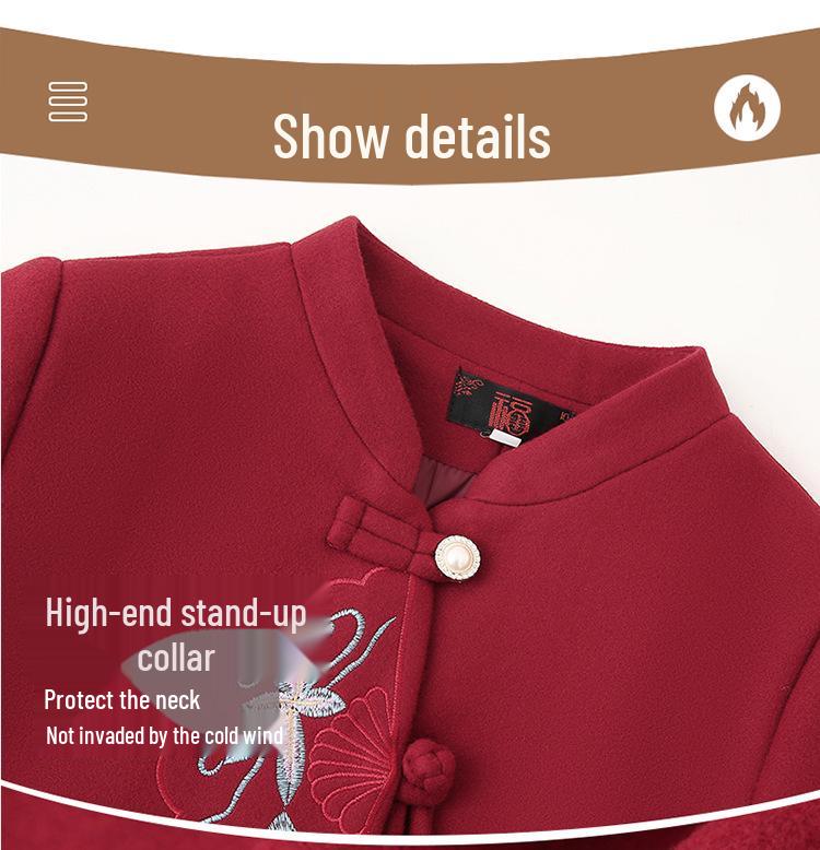 Elegant Embroidered Woolen Coat for Middle-Aged & Elderly Women – Spring & Autumn Fashion