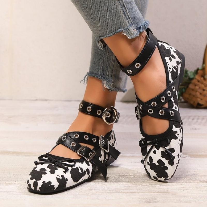 Fashion Fashion Cow Print Lace Up Ballet Flats Woman Brand Design Ankle Buckle Strap Ballerina Shoes Ladies Casual Leopard Canvas Loafer