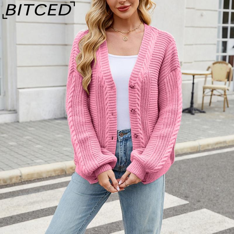 BITCED Relaxed-Fit Oversized Cardigan Autumn/Winter Long-Sleeved V-Neck Cable-Knit Sweater