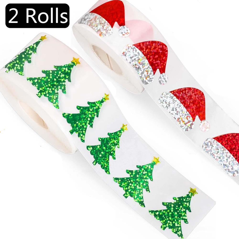 

2 Roll Set 1000pcs Laser Christmas Stickers 3cm Green Christmas Tree Mixed Red Christmas Hat Sticker Gift Packag Sealing Sticker about 3cm