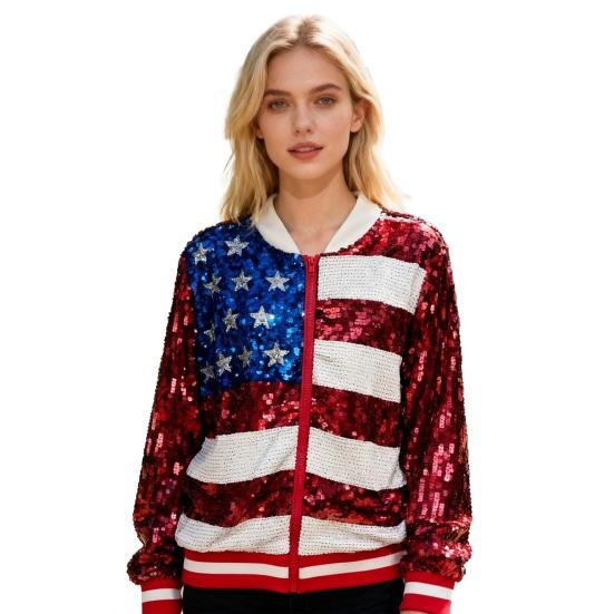 Womens Sequin Jacket U.S. Flag Red Blue White Glitter Zip Up Coat Casual Long Sleeve Color Block Sweatshirt Top