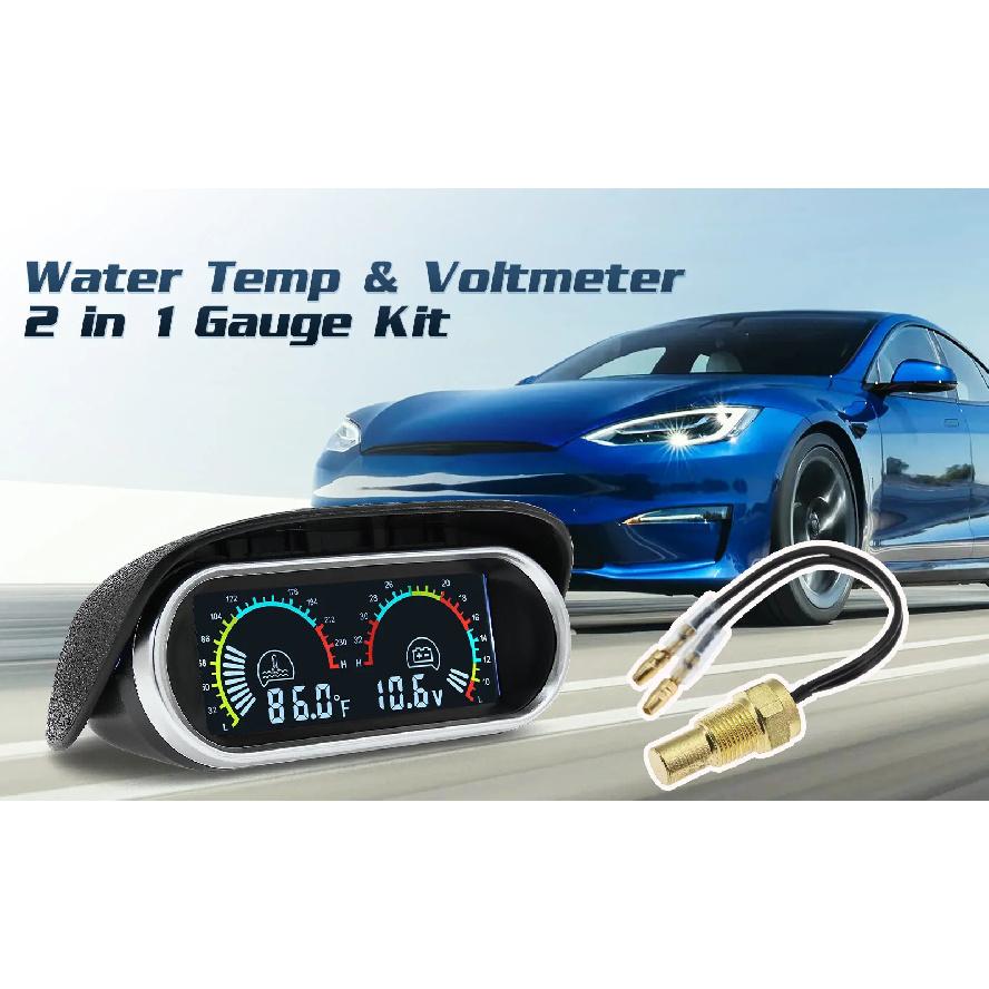 2 in 1 Car Gauge Water Temperature Voltage Volt Gauge Meter for 12V 24V Universal Truck Car LED Fahrenheit Degree Auto Gauge