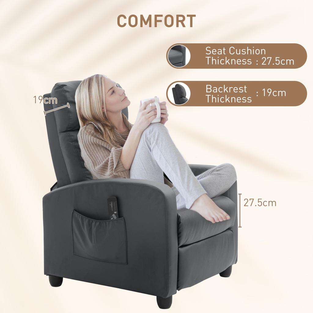 Recliner Armchair, Massage Faux Leather Push Back Reclining Chair with Adjustable Leg Rest, Side Pocket, for Home Living Room Theatre, Grey