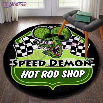 Personalized Hot Rod Garage Round Mat Rat Fink Rug Retro Round Rug Living Room Decor Floor Mats Carpets for Bed Room Chair Mat