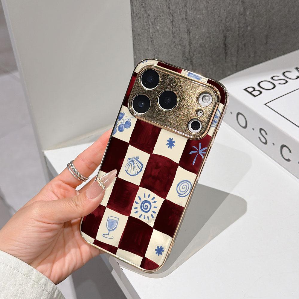 

Lucky Start Phone Case For iPhone 17 16 15 14 13 12 11 Pro Max 16E Gold Electroplated glass shell Burgundy & Blue Check Cover IPHONE14PLUS