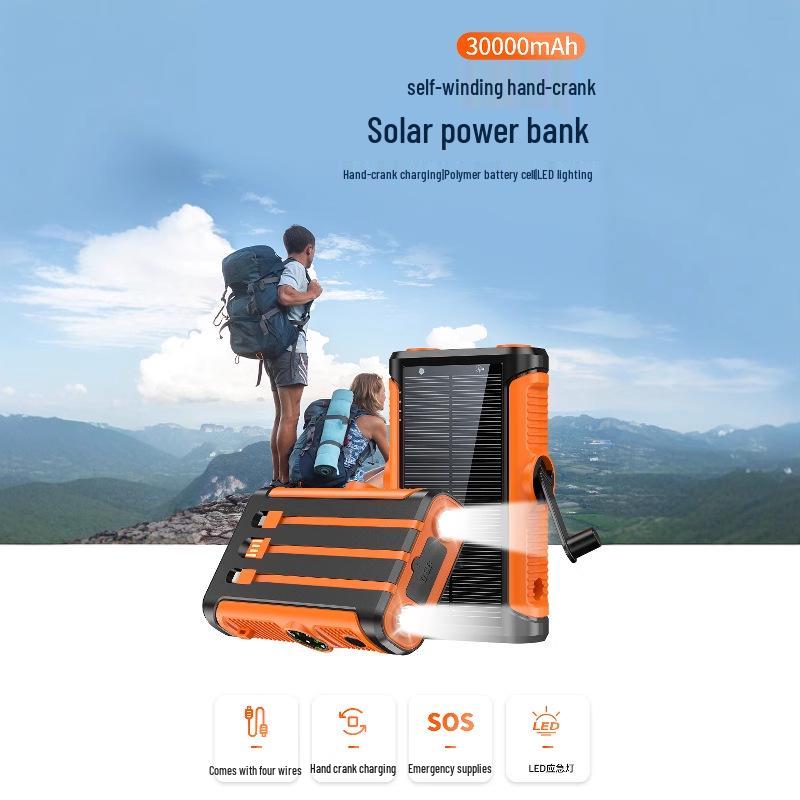 Solar Hand-Crank Power Bank & Magnetic Wireless Charger with PD 22.5W Fast Charging & Built-in Cable - Camping Mobile Power Supply.