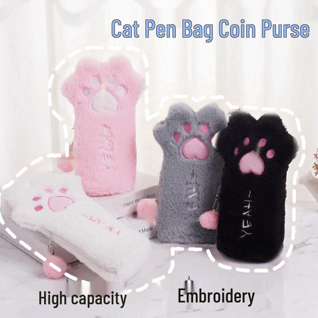 Cartoon Cat Paw Plush Pencil Case - Large Capacity for Students