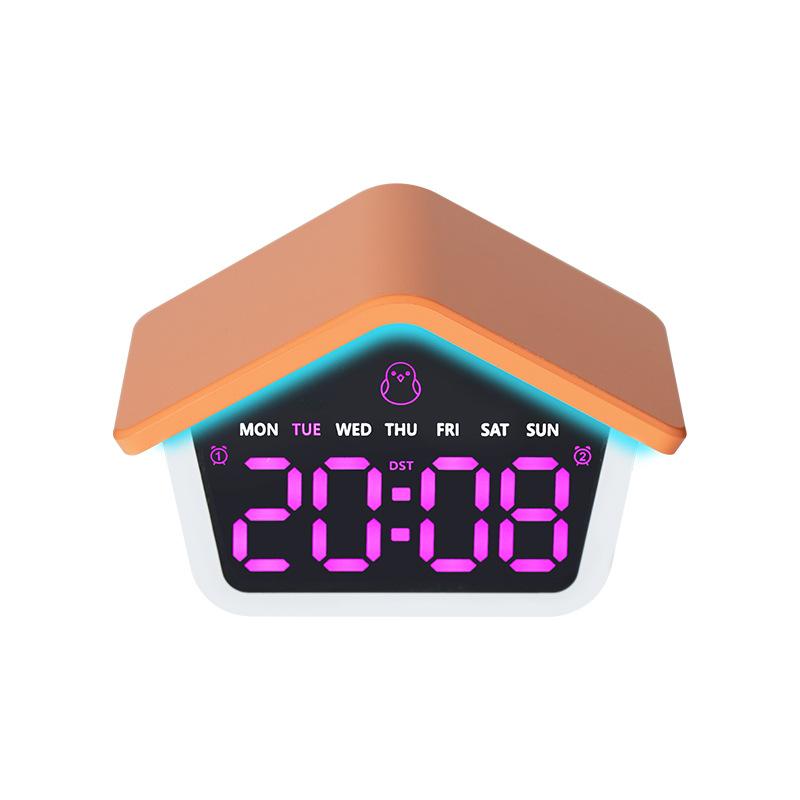 LED Digital Alarm Clock House Shaped Week Date Brightness Adjustment 2 Alarms Silent DST Snooze Table Clock with Ambient Light