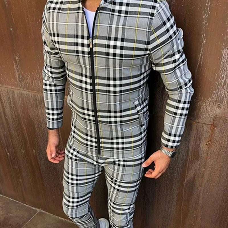European American Men's Casual Sportswear Autumn New Stand-Up Collar Zip Cardigan Jacket+Fashion Trousers Grid Suits
