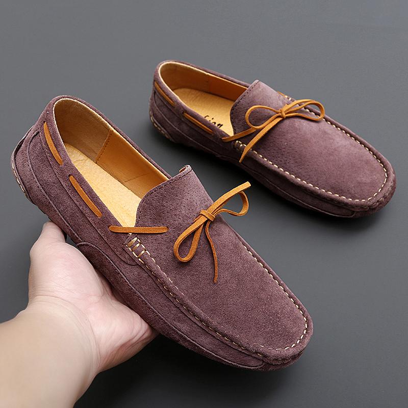 2025 Casual Shoes Fashion Men Shoes Handmade Natural Suede Leather Mens Loafers Moccasins Slip On Men's Flats Male Driving Shoes