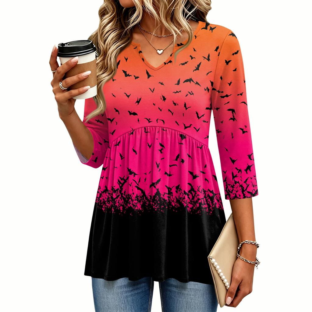 Women's Casual Halloween Print V-Neck Blouse with Three-Quarter Sleeves for Holiday Parties
