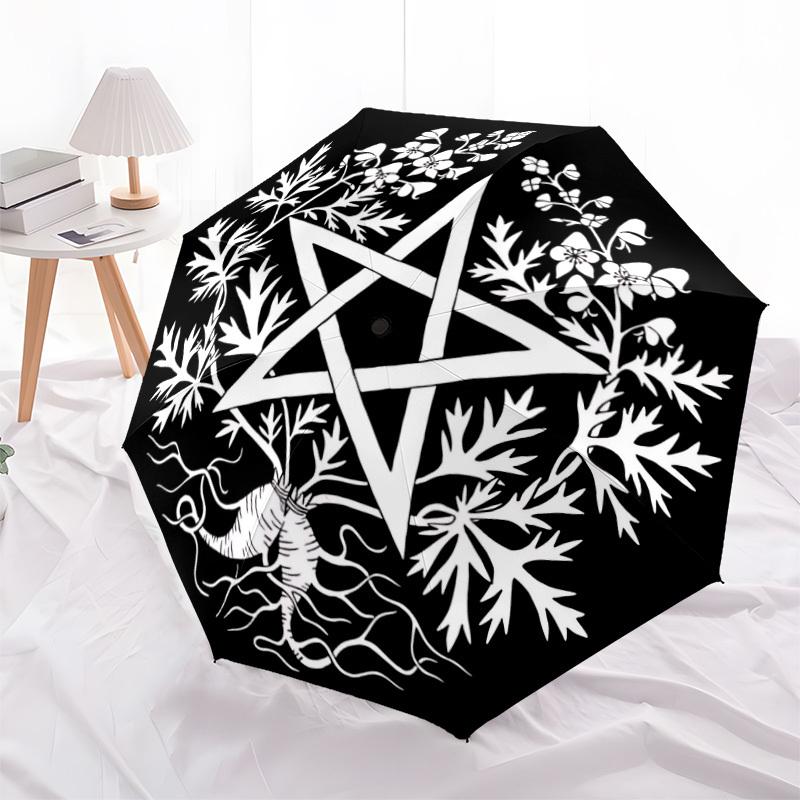 1pc Pentacle Herb Automatic Open/Close Umbrella, Windproof, Folding Compact Umbrella with Lightweight Design for Women/Men059