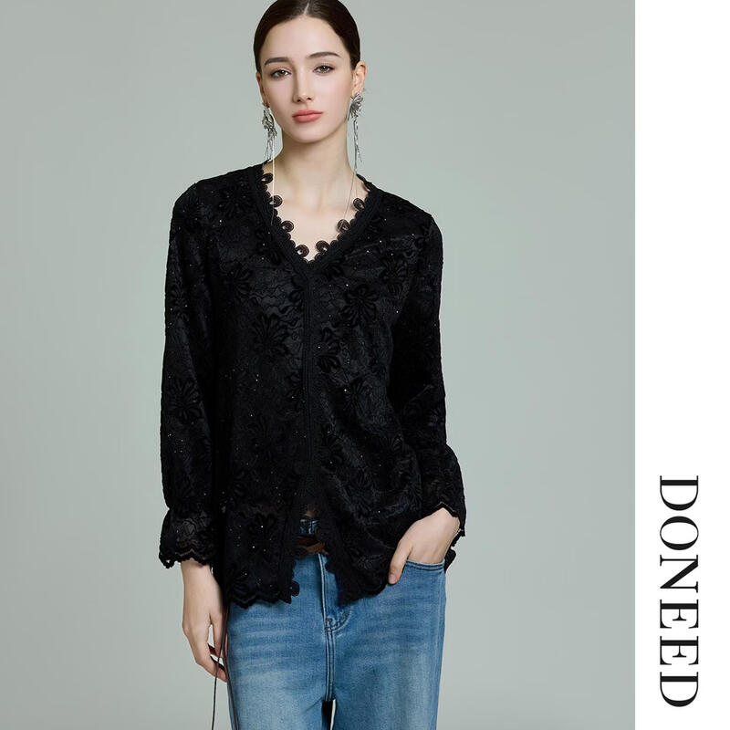 DONEED French Style Lace Trim V-Neck Long Sleeve Blouse