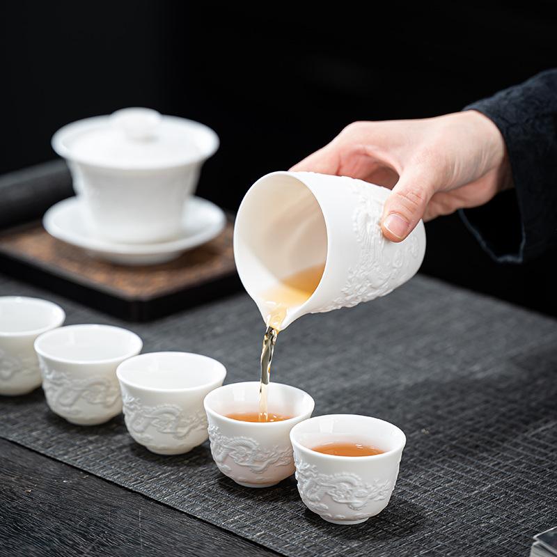 Light luxury suet jade white porcelain relief tea set business office teapot cover bowl