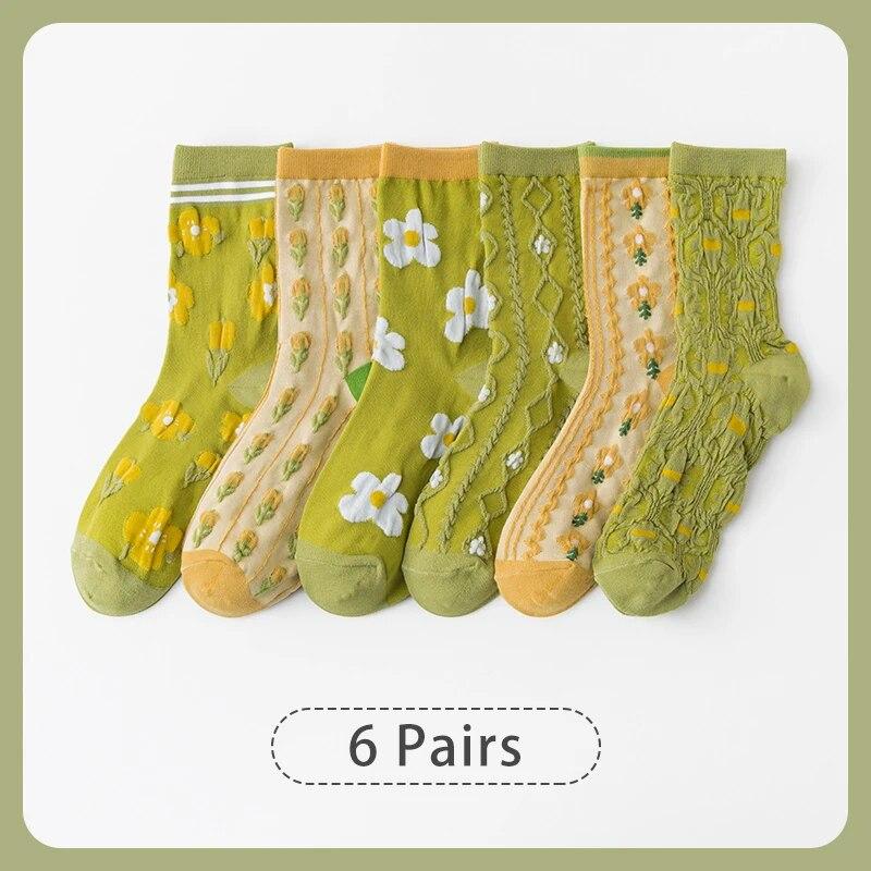 6 Pairs of Spring Summer Women Is Medium Socks Hose Khaki Vintage Flower Diamond Plaid Stripe Sweet and Comfortable