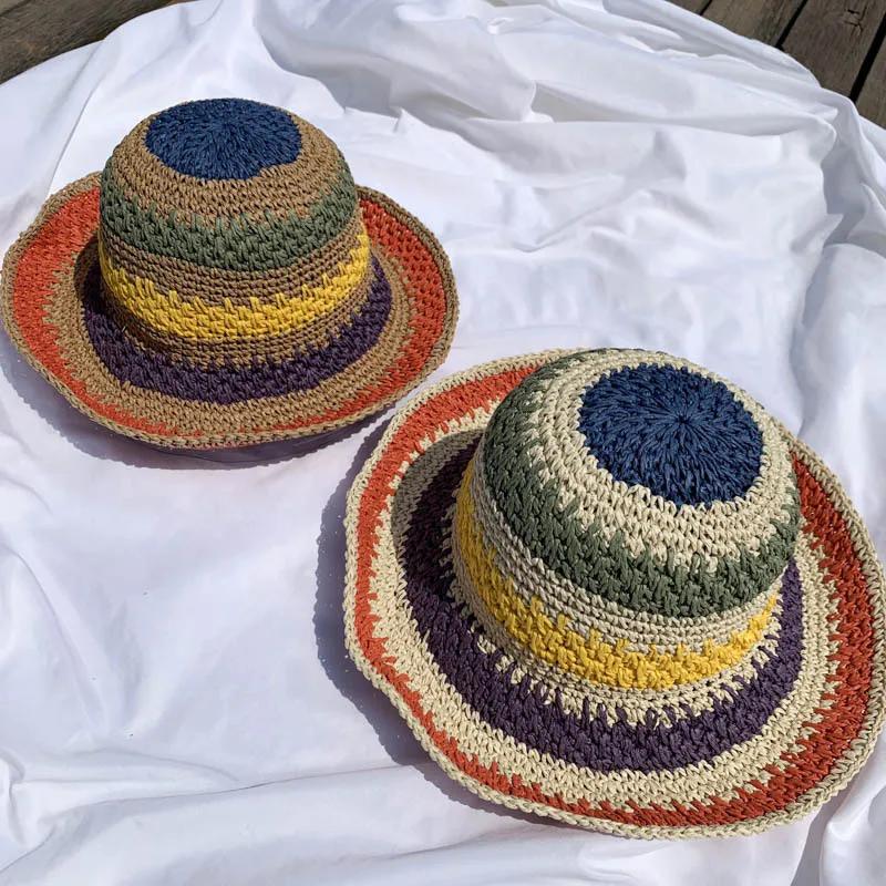 Handwoven Straw Rainbow Sun Hat for Ladies Summer Vacation Beach Colorful Hat Foldable Beach Hats Women Sun Hats
