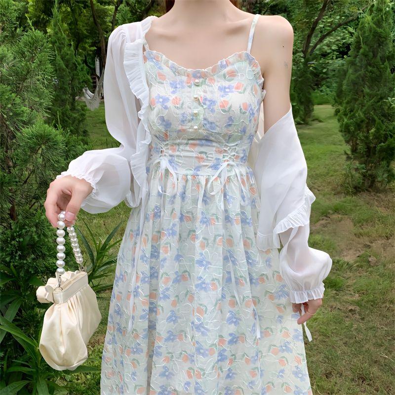 Large Size Sweet and Gentle Dress Waist-skimming Halter Floral Dress Chiffon Dress