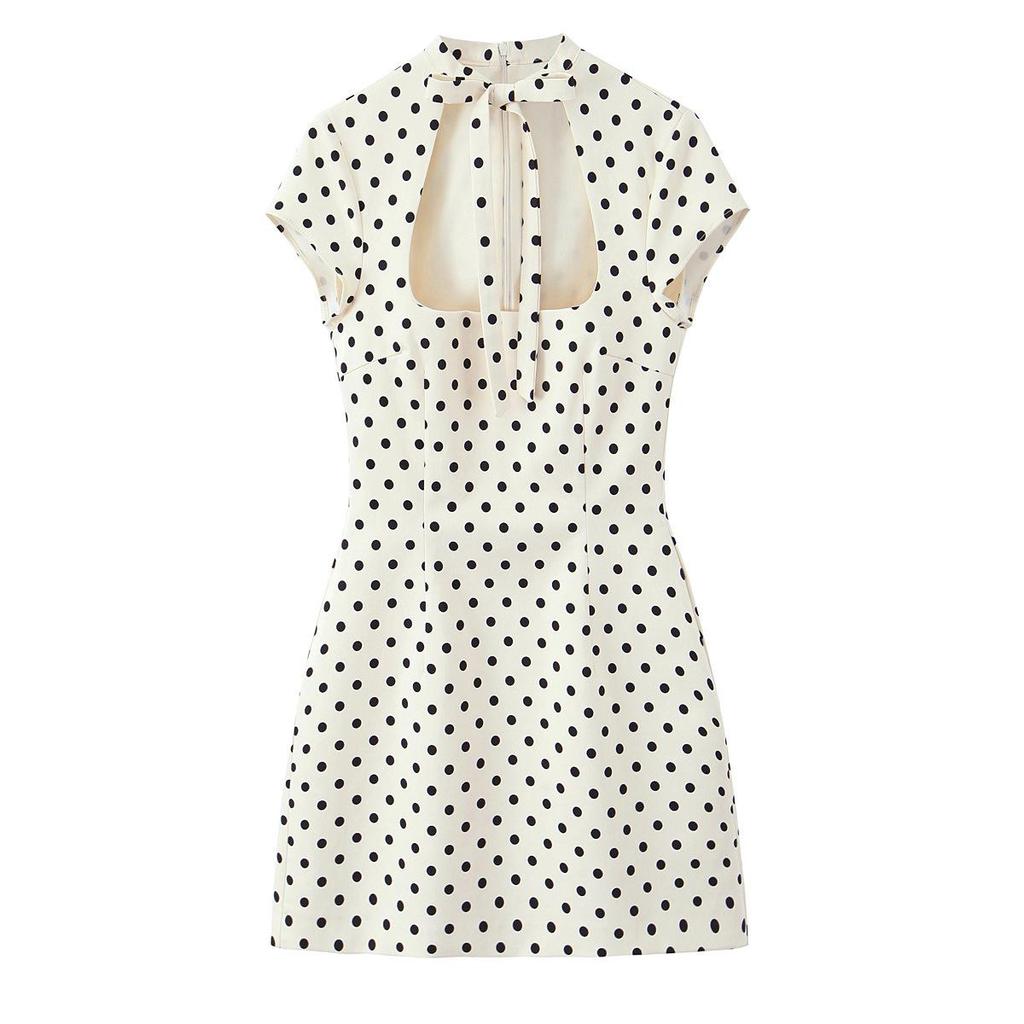 European American Women's Fashion Polka Dot Short Dress with Bow Decoration