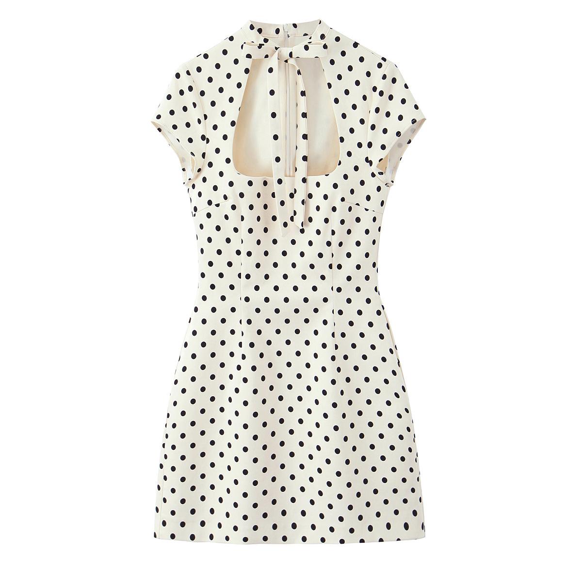 2026 Spring Women s Polka Dot Bow Dress - European & American Style, Short Sleeve M