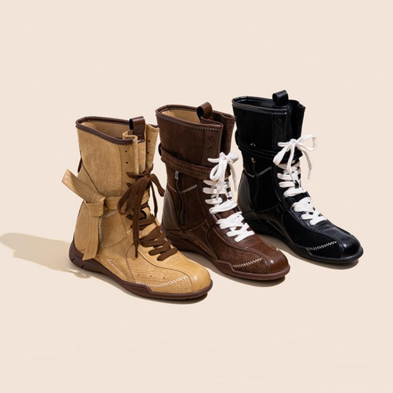 Vintage Versatile Frosted Leather Boxing Boots Women's Strap Side Zipper Outside Wear Mountaineering Dexun Martin Boots Motorcycle Boots