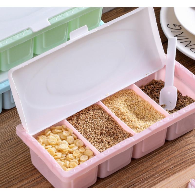 

4-х стильная коробка для ароматизаторов, многофункциональная пластиковая коробка для приправы с солью и глутаматом натрия, кухонный разделитель с ложкой и крышкой, горшок для приправ