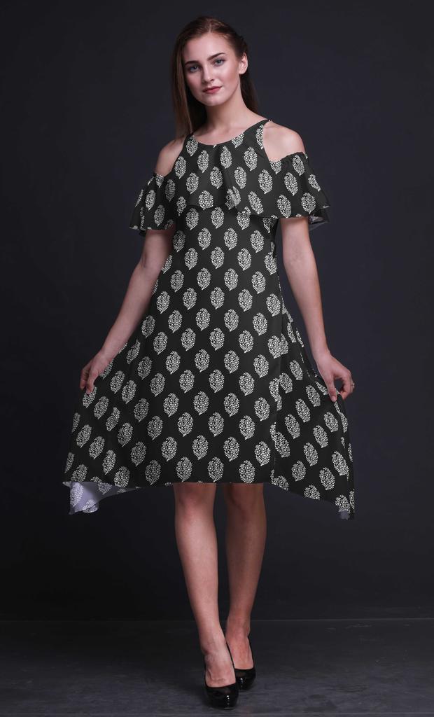 Bimba Block Print Cold Shoulder Women Swing Tunic Flutter Sleeve Midi