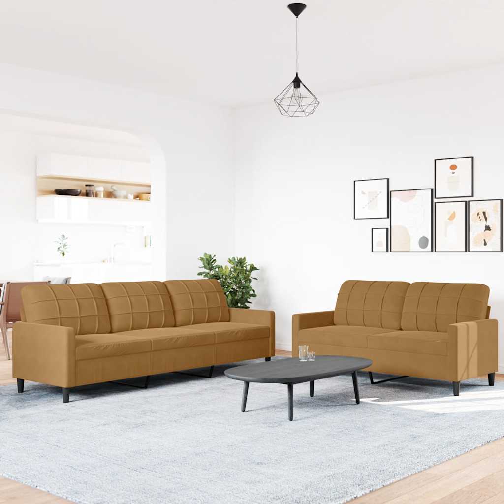 2 Piece Sofa Set with Cushions Brown Velvet