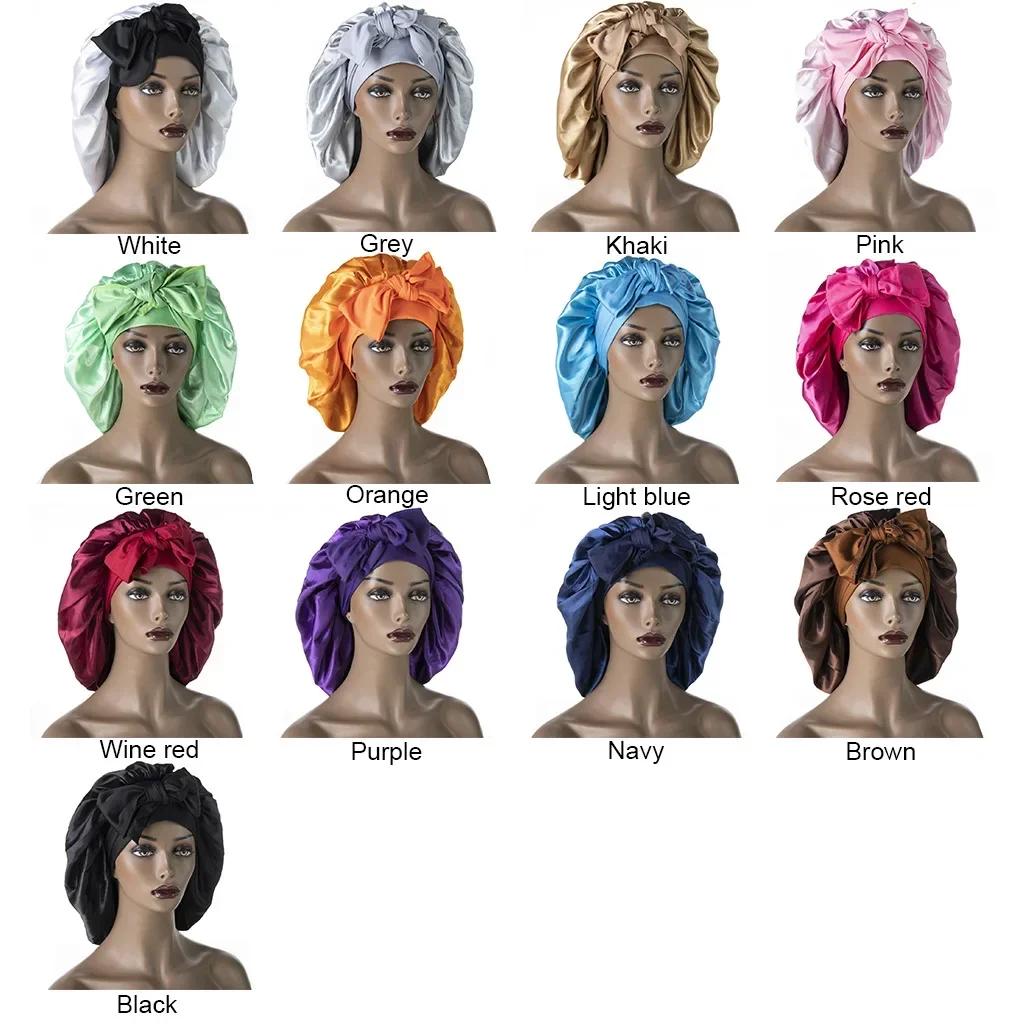 Women Satin Widened Sleep Hat Night Sleep Cap with Long Streamer Hair Care Bonnet Nightcap Shower Turban