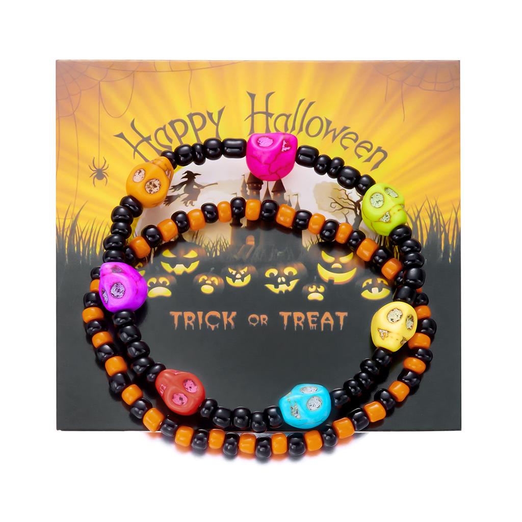 Halloween Classic Colorful Skull Head Beaded Bracelet for Women Handmade Rice Beads Elastic Bracelet Party Daily Jewelry Gift