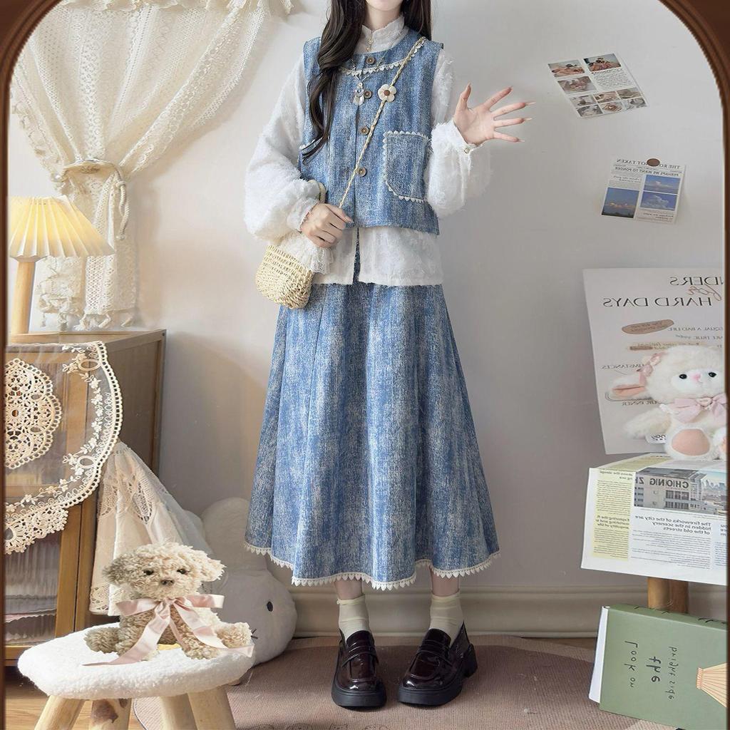 Ensemble jupe et gilet en jean bleu pour femme Printemps/Automne 2026 - Design trois pièces