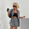 Summer fashion premium gray commuter short-sleeved shirt and shorts two-piece set European and American cotton and linen women's fashion casual suit