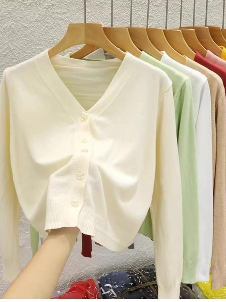 Cardigan a Maglia con Scollo a V Rosso da Donna - Manica Lunga Sottile, Top Corto per Primavera e Autunno (Collezione 2025)