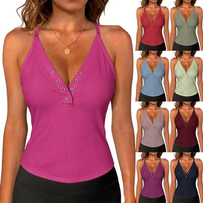 Damski bez rękawów V dekolt zapinany na guziki prążkowany dzianinowy top kamizelka casual gładki bazowy warstwowy tank top bluzka do codziennego noszenia w biurze