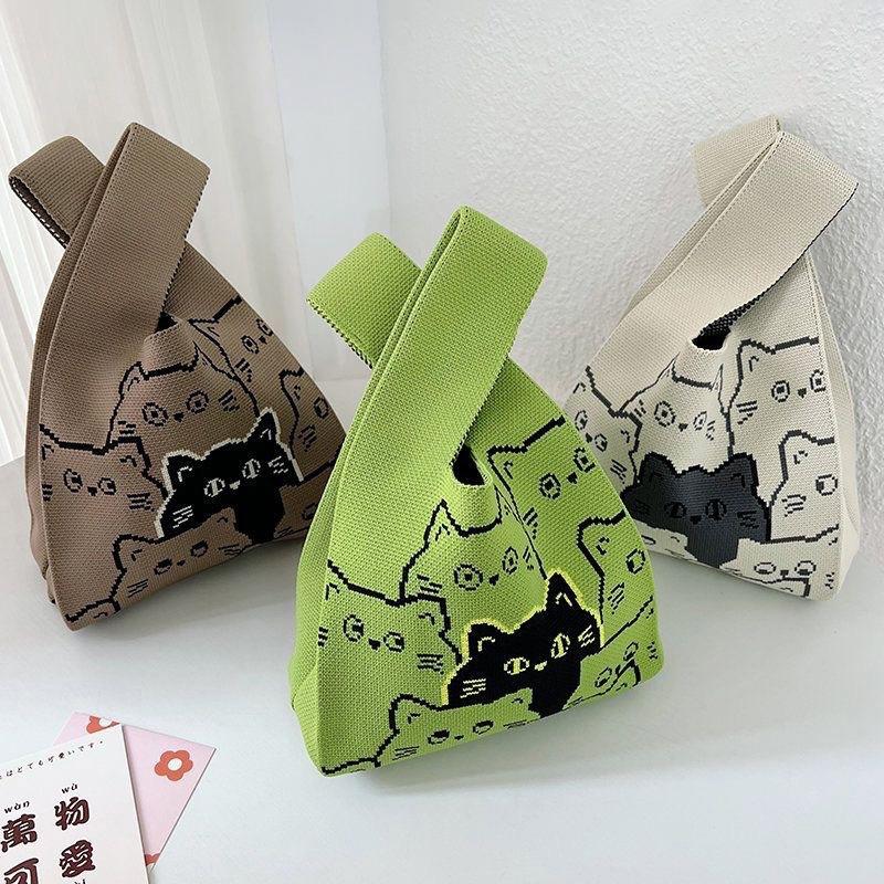 Damen-Handgelenktasche mit Knoten, handgefertigt, gestrickt, tragbar, Mini, gestreift, Tragetasche, Eimer, Handytasche, große Kapazität, Herbst-/Winterhandtaschen