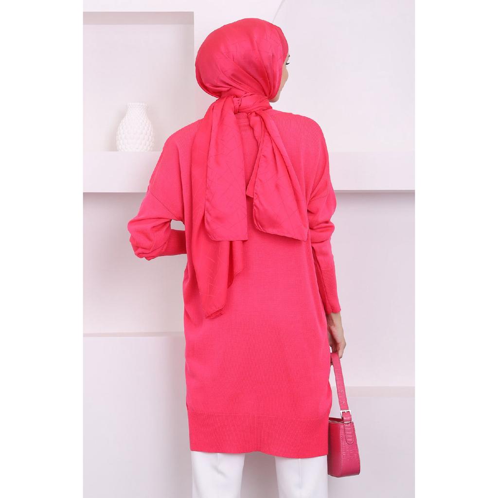 Dark Fuchsia Crew Neck Thin Mercerized Loose Knitwear Tunic