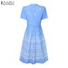 ZANZEA Women Summer Stand Collar Short Sleeve Casual Print Dress