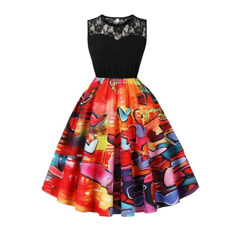 

Хэллоуин Новое Ретро Платье Кружевной Круглый Вырез Без Рукавов Лоскутное Платье-Маятник S