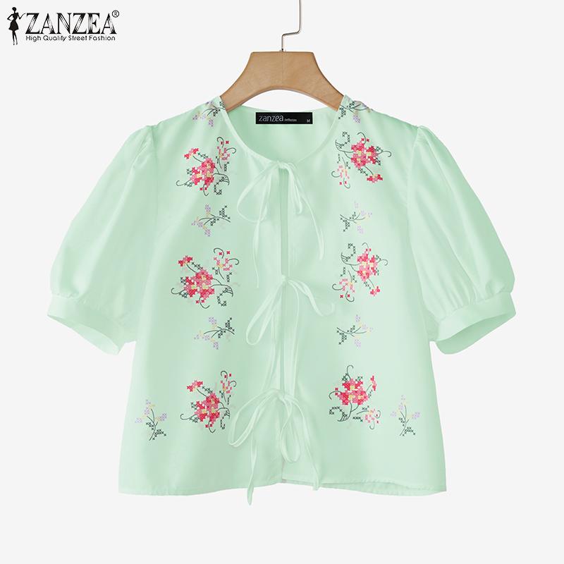 ZANZEA Women Casual Short Sleeve Floral Print Lace Up Cover Up Blouse