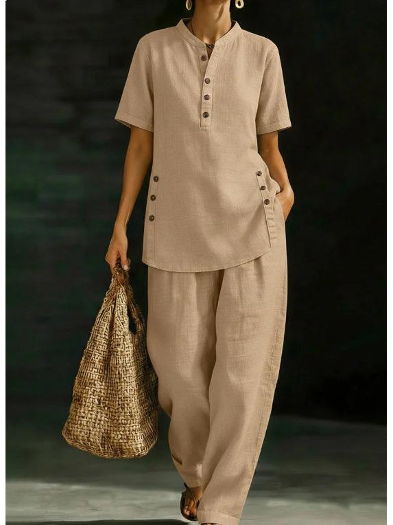 2026 European & American Casual Button-down Shirt and Wide-leg Pants Linen Set