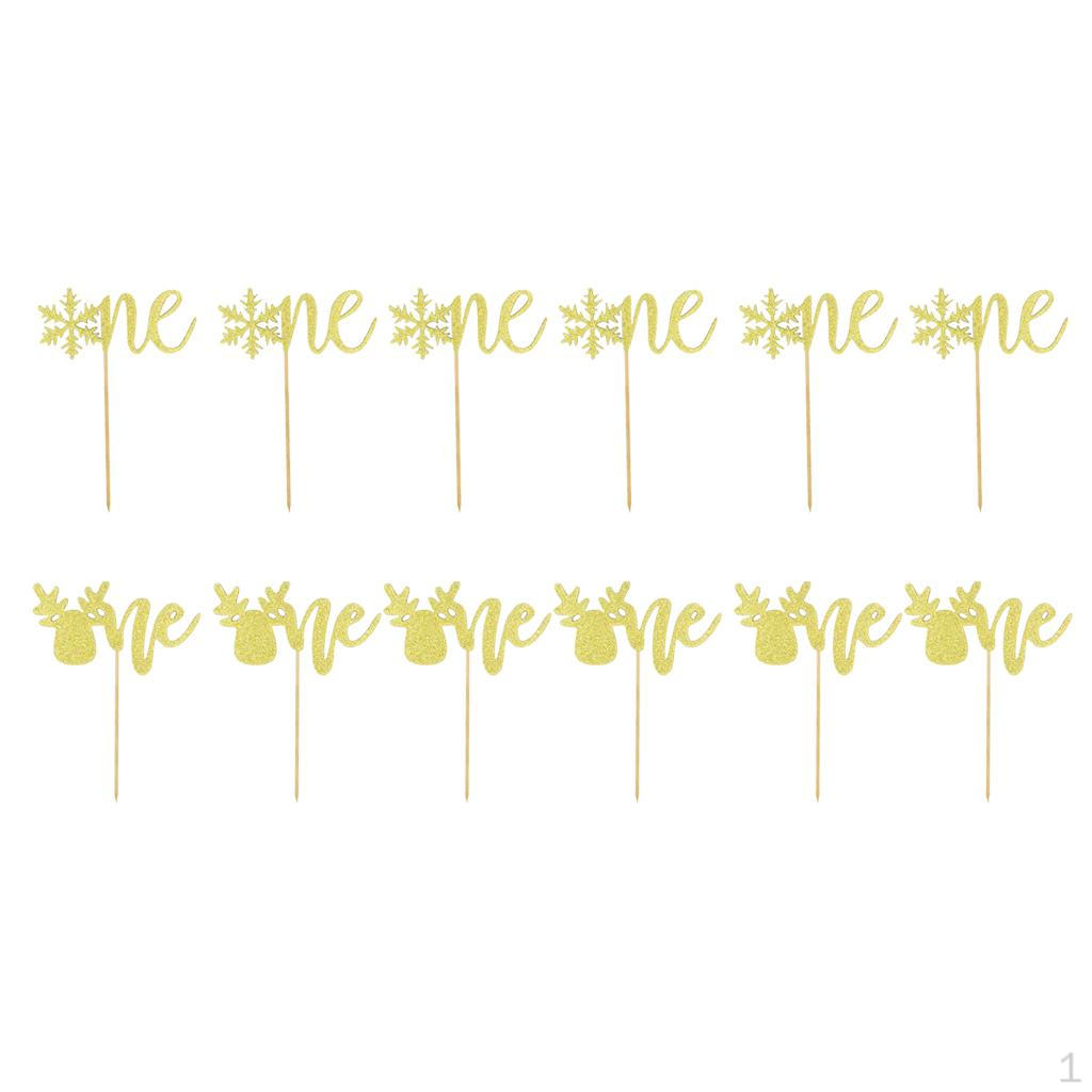 

12pcs Golden Glitter Cake Topper Birthday Insert Card Decorations snowflake elk
