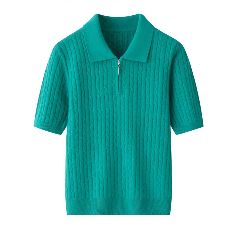 Korean Style Twisted Cable Knit Polo with Retro Cashmere Short Sleeves