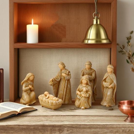 Krippenset für Weihnachten Innendekoration 10-teilige Krippenfigur aus Harz mit Krippe Engel Christliche Heilige Familie Figuren Tischdekoration