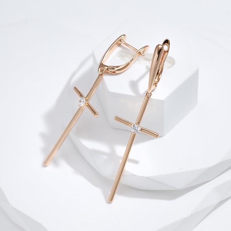 Roségold Farbe Glänzend Kreuz Lange Hängende Ohrringe Für Damen Mode Natürlicher Zirkon Accessoires Religion Schmuck