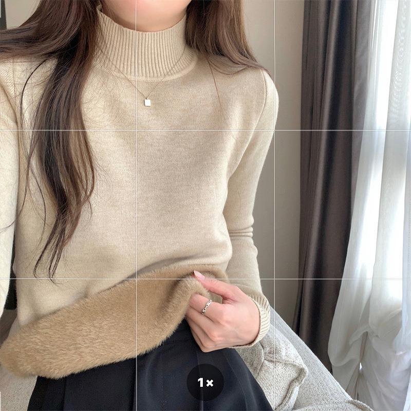 Autumn and winter semi-turtleneck velvet thickened top women's warm inner round neck long-sleeved T-shirt women's base versatile sweater