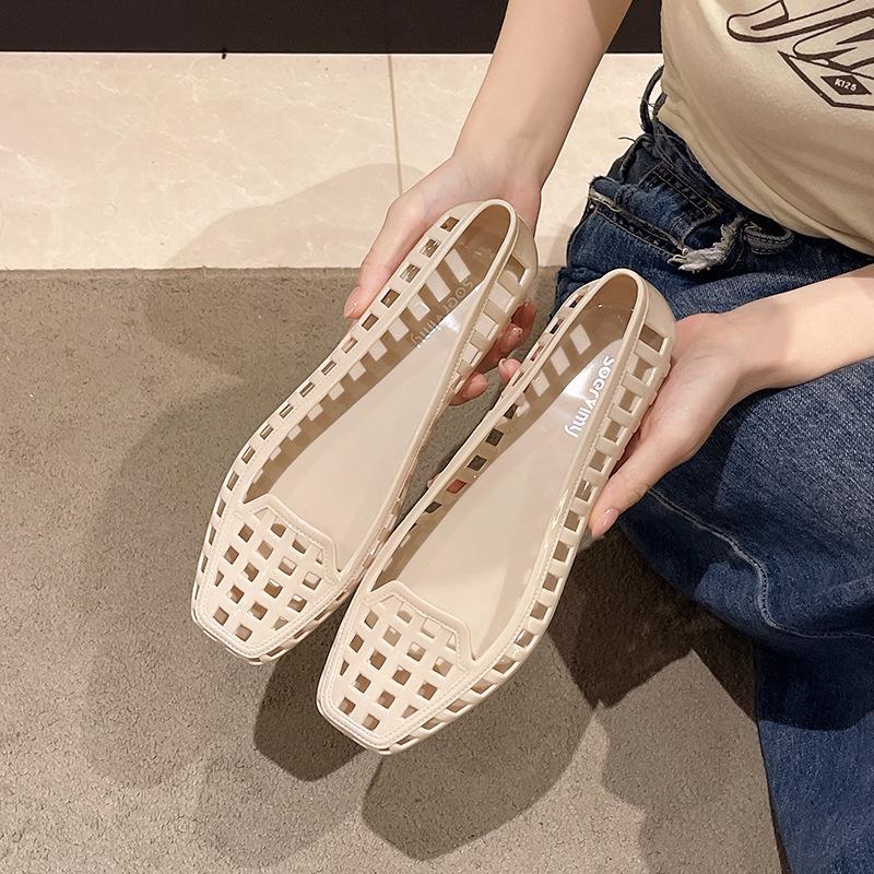 Korean-Style Low-Cut Crystal Flat Sandals & Slip-On Jelly Shoes with Square Toe