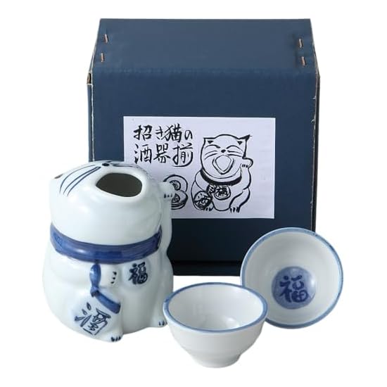 Ale-net Maneki-neko Sake-Set, Tokkuri (Sake-Flasche) und Ochoko (Sake-Tasse), 8×8,5×H9,5cm, 300cc, Porzellan