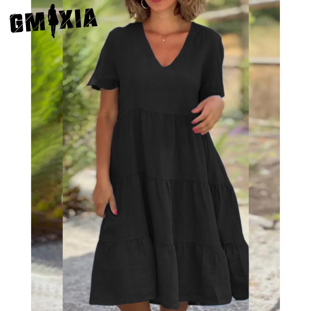 

GMXIA Женская мода Лето Весна Свежие и милые однотонные принты с коротким рукавом V-образным вырезом Большие свободные повседневные платья XXXXXL чёрный