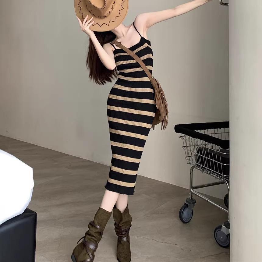 Summer striped knitted suspender dress women's temperament slim-fitting royal sister hip skirt light and mature wind medium and long skirt